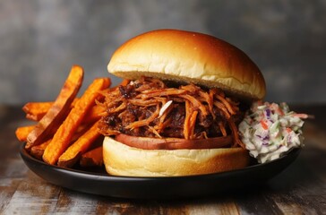 Fast food sandwich concept. A delicious pulled pork sandwich with sweet potato fries and coleslaw on a wooden table, showcasing a tempting meal that's perfect for any occasion.