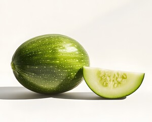 Round green zucchini with slice against a white background