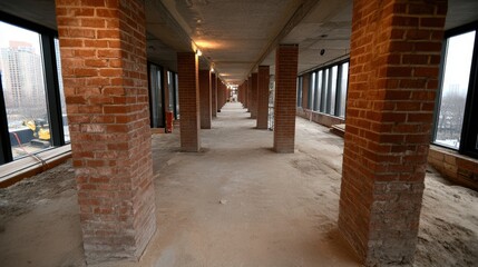 A modern, under-construction corridor featuring exposed brick pillars and large windows, This image can be used for architectural projects, real estate marketing, or construction industry materials,