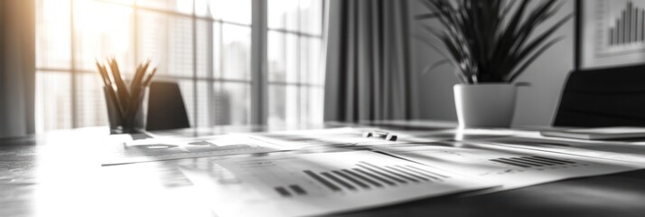 Sunlit office desk with documents, laptop, and plant.