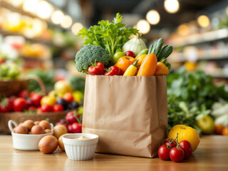 Groceries in bag fresh produce displayed on a wooden table at market
