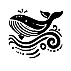 Stylized black and white whale icon on a white background with a splash, in a cartoonish minimalist style.