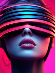 A close-up shot of a model with futuristic, vibrant eyewear, creating a striking visual effect with neon colors, Ideal for themes of technology, fashion, and modern aesthetics in advertising, © nattapon