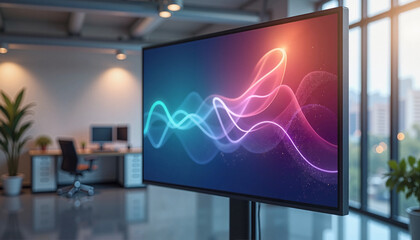 **Photorealistic digital banner mockup**, High-Resolution, Vivid Colors, on Modern Touchscreen Display in Minimalist Office