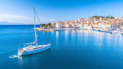 Obraz premium Sailing into a Picturesque Harbor: A sleek sailboat glides across the crystal-clear turquoise waters, approaching a charming coastal town with colorful buildings nestled against a hillside.
