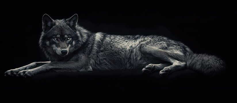 Gray wolf lying down on black background, studio shot.