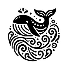 Black and white stylized illustration featuring a whale surfacing from the ocean, surrounded by swirling patterns.