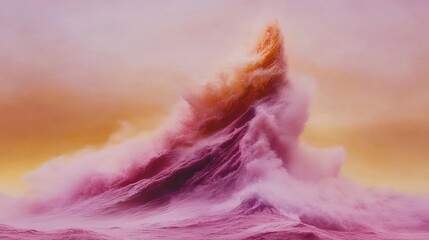 Surreal landscape of colorful layered wave-like formations reminiscent of a mountain range in dreamlike hues of pink orange and purple