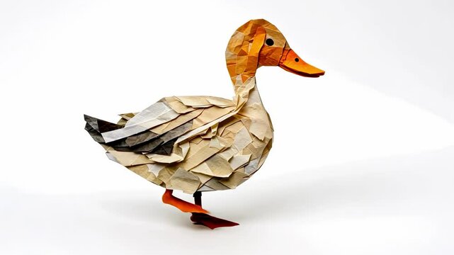 The video showcases a stop-motion animation of a paper duck coming to life, highlighting intricate details and textures. Side camera angle.