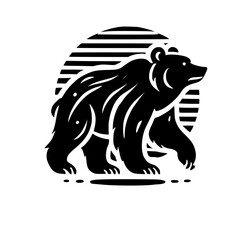 Black Bear Silhouette Against Sunset, walking left, flat, clean, minimalistic, bold, graphic illustration.