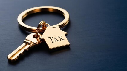 A golden keychain with a house-shaped tag labeled "Tax," symbolizing property taxes or financial obligations related to home ownership.