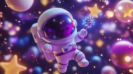 Cute astronaut in space holding a sparkling star, surrounded by colorful planets and stars.