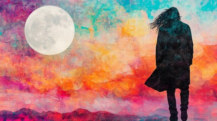 Silhouette under a luminous moon immersed in a vibrant dreamlike sky An aura of mystery and solitude in the surreal scene