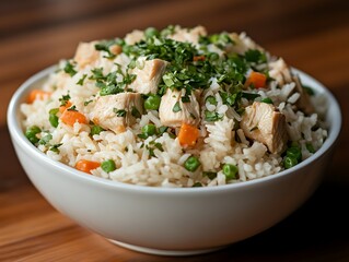 Chicken Fried Rice in White Bowl on Wood