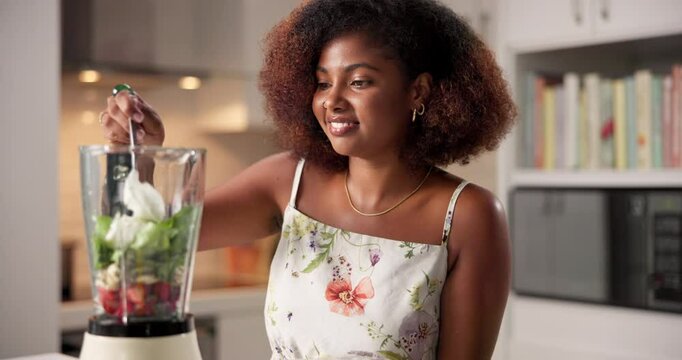 Smoothie, woman and yogurt in blender for diet, wellness or healthy breakfast in kitchen. Food mixer, happy person or ingredients for vegan shake, detox or prepare organic fruit for nutrition in home