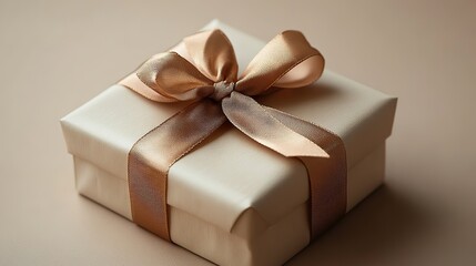 a beautifully wrapped gift box with a golden ribbon set against a neutral beige background conveying elegance and a sense of celebration