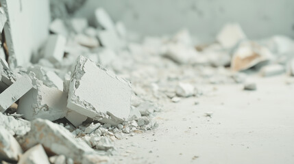 Demolition Debris: Close-up view of rubble and broken plaster from a demolition site, showcasing the texture and aftermath of destruction.
