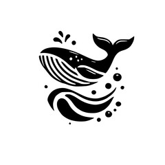 Black and White Whale Illustration: Minimalist Whale Silhouette with Bubbles and Waves.
