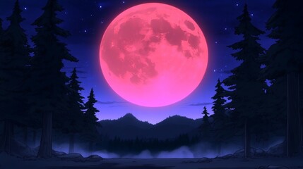 A vibrant pink moon dominates the night sky casting an ethereal glow over a dark forest scene with towering pines and distant mountains