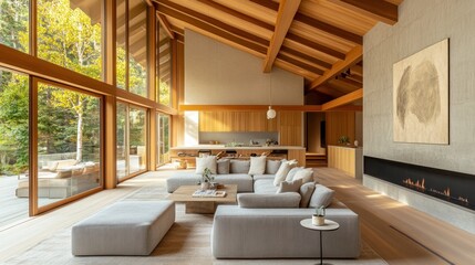 Modern minimalist living room with high ceilings, large windows, wooden beams, and fireplace.