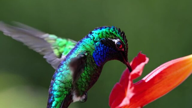 A colorful hummingbird flits around a vivid red flower, showcasing its iridescent feathers. The lush garden bathed in daylight creates a serene atmosphere, highlighting nature's beauty.
