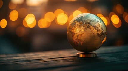 A vintage globe sits on a wooden surface against a warm, bokeh background.