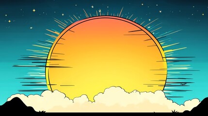 Stylized sunset illustration with radial sun rays bright yellow orange and blue color scheme puffy clouds and dark foreground silhouette