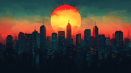 Fototapeta premium Cityscape sunset, large sun, urban skyline, fiery sky, digital art, website banner
