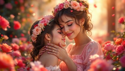 Fototapeta premium Tender Mother Daughter Embrace in Rose Garden