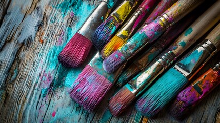 Fototapeta premium Collection of paintbrushes covered in multicolored paint rest on wood