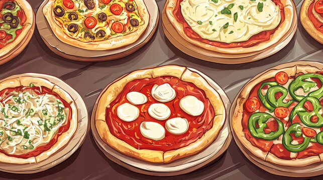 Pizza constructor with base and toppings tomato sauce, mayonnaise, cheese, soy or guacamole. Design elements for game, app or book of recipes, cooking class, cafe, pizzeria menu, Cartoon vector set