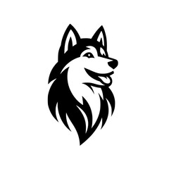 Fototapeta premium Siberian husky black and white logo, smiling dog with open mouth.