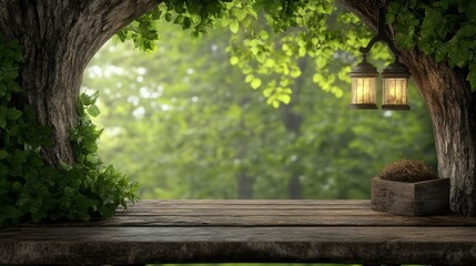 Fototapeta premium A serene wooden platform framed by lush greenery and hanging lanterns, perfect for outdoor-themed projects, nature blogs, or wellness retreats, It evokes tranquility and a connection to nature,