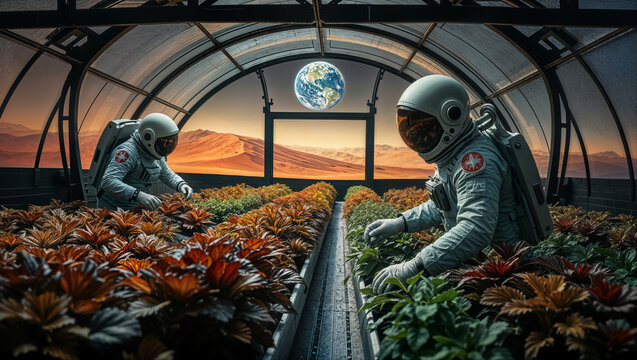Astronauts cultivating plants in a futuristic greenhouse with Earth in the background during a cosmic sunset