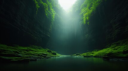 Obraz premium A serene canyon illuminated by soft light descends into dark waters, surrounded by lush greenery, This tranquil scene is perfect for nature-related projects, relaxation themes