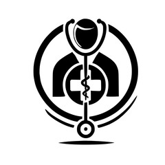 Black and White Medical Logo: Stethoscope, Caduceus, and Cross Composition.