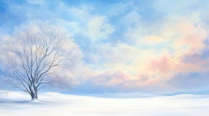 A serene winter landscape featuring a bare tree against a soft blue sky and pastel clouds, Ideal for themes of solitude, nature, or seasonal change, suitable for use in greetings, art