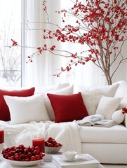 A cozy, modern living room featuring a white sofa adorned with red and white cushions, complemented by decorative red branches and candles.