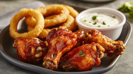 Fast food chicken concept. A delicious plate featuring crispy onion rings, savory chicken wings in barbecue sauce, and a side of creamy dipping sauce.