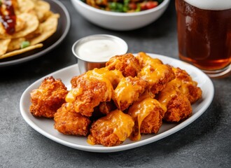 Fototapeta premium Fast food chicken concept. A plate of crispy chicken bites topped with melted cheese and served with a dipping sauce, accompanied by sides and a glass of beer.