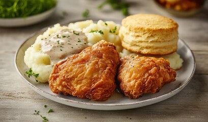 Fast food chicken concept. A delicious plate featuring crispy fried chicken, creamy mashed potatoes with gravy, and a fluffy biscuit, perfect for a hearty meal.