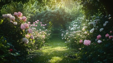Sunlit Garden Path Lined With Blooming Pink Peonies