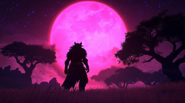 Silhouetted figure stands beneath a massive pink moon set against a field and trees evoking a sense of fantasy and otherworldly wonder