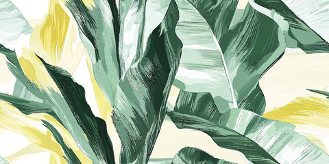 Botanical green banana leaf wallpaper background vector. Luxury natural hand drawn foliage pattern design in minimalist linear contour simple style. Design fabric, cover, banner, invitation © Eli Berr