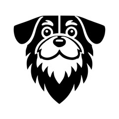 Black and white dog logo, black and white abstract dog with a large beard, an image of a dog with the beard is given.