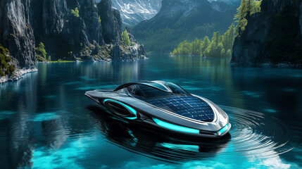 Futuristic Solar Boat on Calm Lake: A sleek, futuristic solar-powered boat glides serenely across a pristine mountain lake, surrounded by towering cliffs and lush greenery.