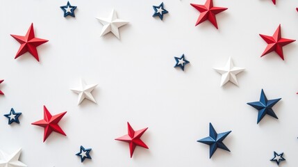 Obraz premium a clean white background decorated with scattered five-point stars in red, white, and blue, symbolizing the American flag and evoking a festive and patriotic feeling