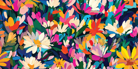 Floral abstract seamless vector pattern, spring garden, blooming meadow, bright colorful flowers, gouache painting, brush strokes vector seamless pattern, Design fabric, cover, banner, invitation
