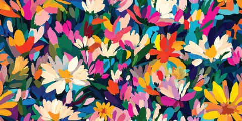 Fototapeten Gemalte Blumen Floral abstract seamless vector pattern, spring garden, blooming meadow, bright colorful flowers, gouache painting, brush strokes vector seamless pattern, Design fabric, cover, banner, invitation  © Eli Berr