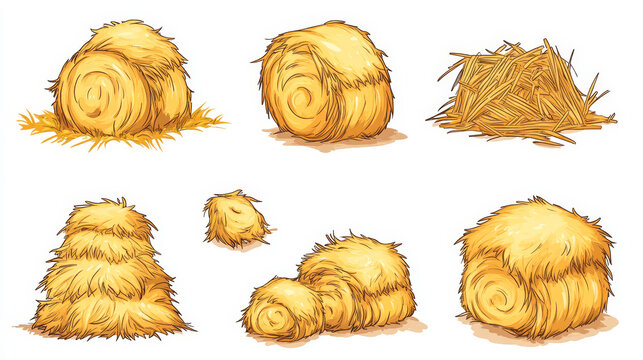 Hay stack and roll for farm design. Cartoon vector illustration set of bale straw pile for fodder and forage, countryside animals care or autumn harvest concept. Yellow agricultural rural haystack.